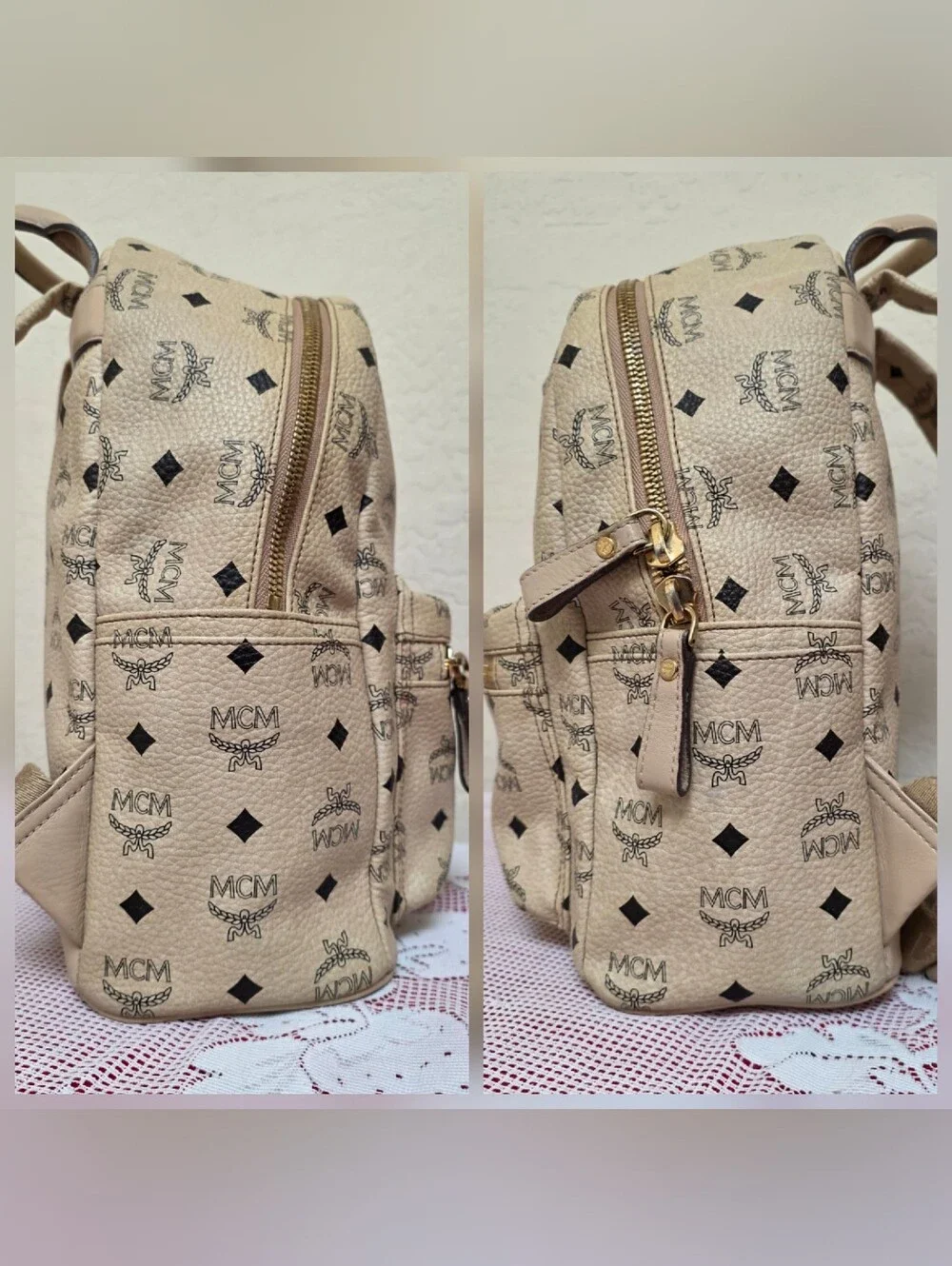 MCM Cream Monogram Medium Backpack AUTHENTIC